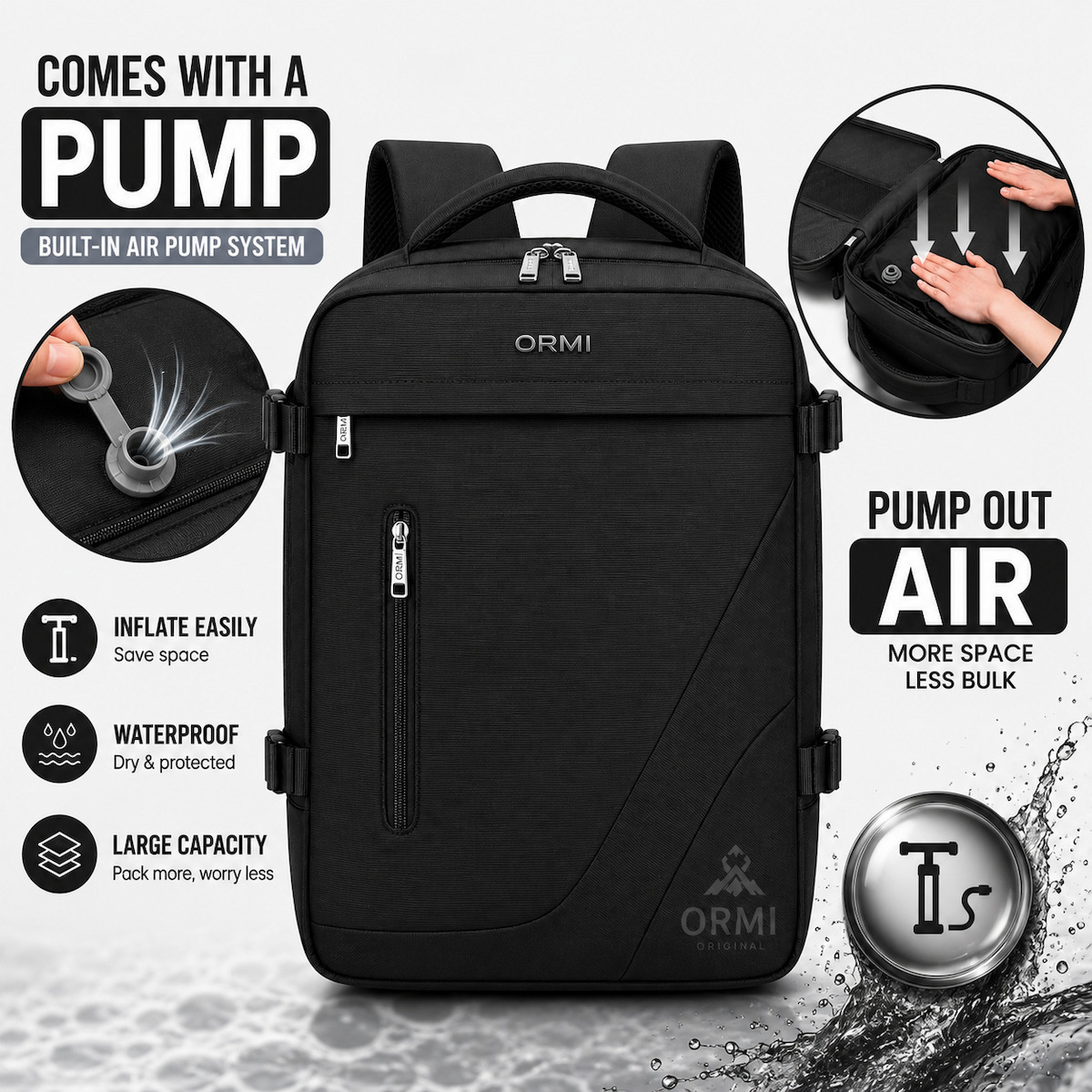 Ormi Rz29053 Σακίδιο Πλάτης Ταξιδιού 40x20x30cm Cabin Size Σύστημα Συμπίεσης Αέρα Θήκη Laptop & Μεγάλη Χωρητικότητα Μαύρο
